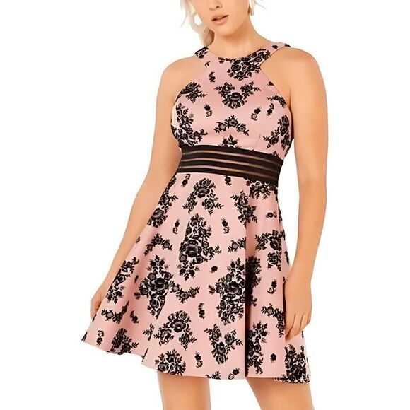 NWT City Studio Black Floral Velvet Printed Illusion Cocktail Pink Dress - Picture 1 of 9